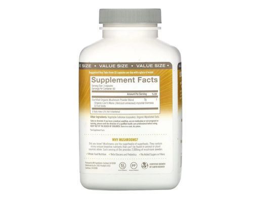 Ежовик гребенчатый Om Mushrooms, Lion's Mane Mushrooms Superfood, 667 г, 180 Vegetable Capsules
