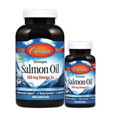 Жирные кислоты Carlson Labs Salmon Oil 500 mg Omega-3s рыбий жир лосося 180+50 капсул