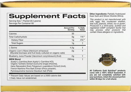 Ежовик гребенчатый California Gold Nutrition, MEM Food, Memory & Cognitive Support, 60 Packets