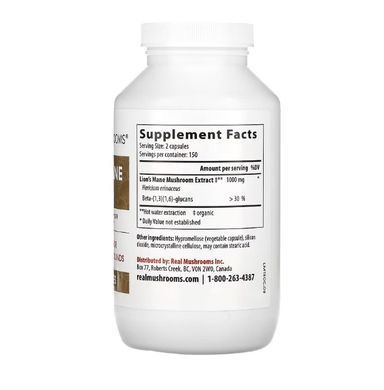 Ежовик гребенчатый Real Mushrooms, Lion's Mane, Mushroom Extract Powder, 300 Capsules