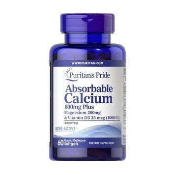 Кальций магний Д3 Puritan's Pride Absorbable Calcium 600mg Plus Magnesium 300mg & Vitamin D3 25mcg (60 caps)
